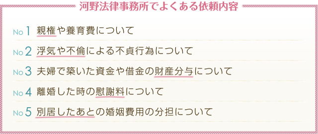 河野法律事務所でよくある依頼内容 No1親権や養育費について No2浮気や不倫による不貞行為について No3夫婦で築いた資金や借金の財産分与について No4離婚した時の慰謝料について No5別居したあとの婚姻費用の分担について
